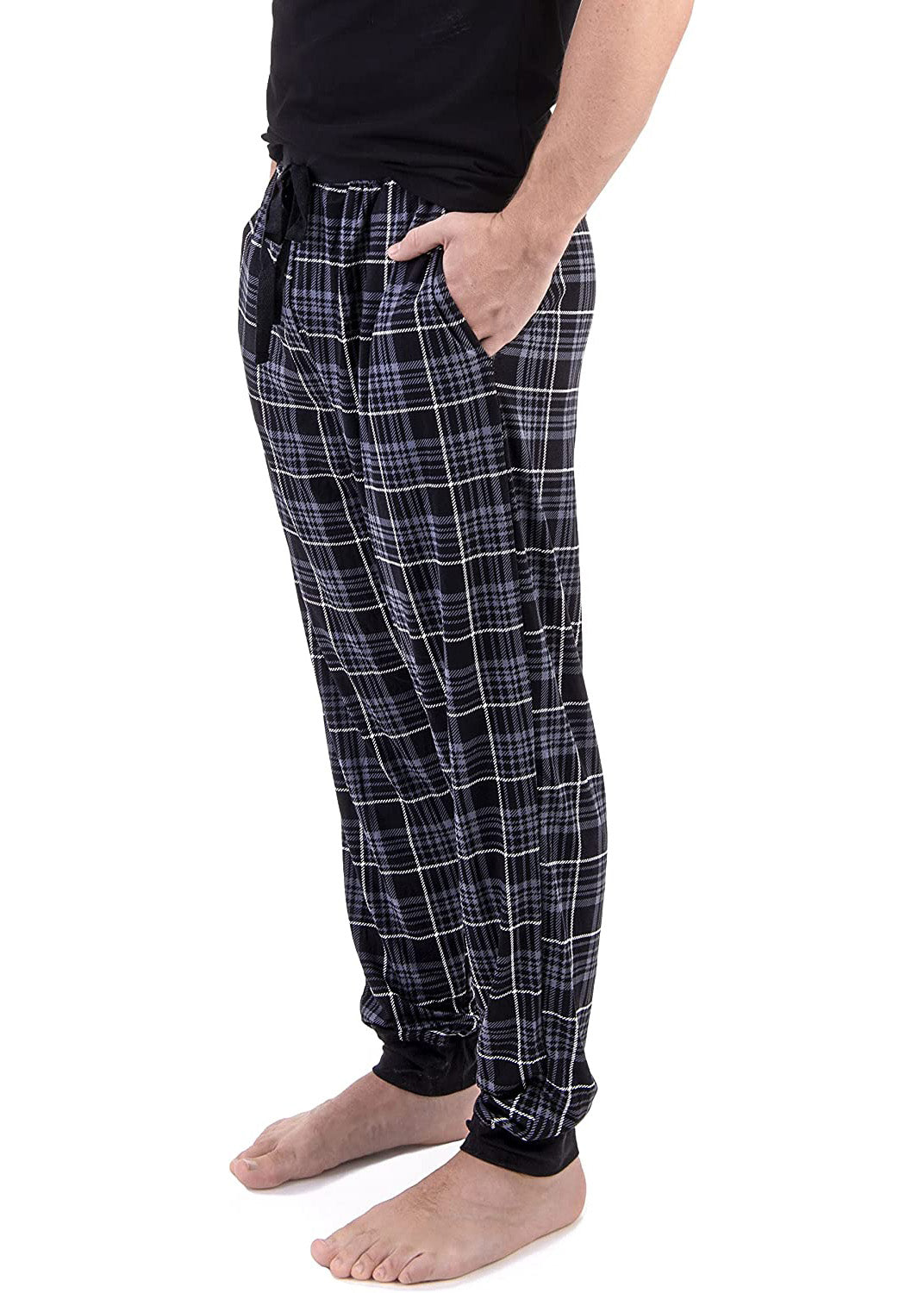 
                  
                    PJ joggers with soft velvety texture, stretch, elastic waistband, drawstring, and stylish ankle cuff. This pattern is a grey, black and white plaid. The waist and the cuffs are black
                  
                
