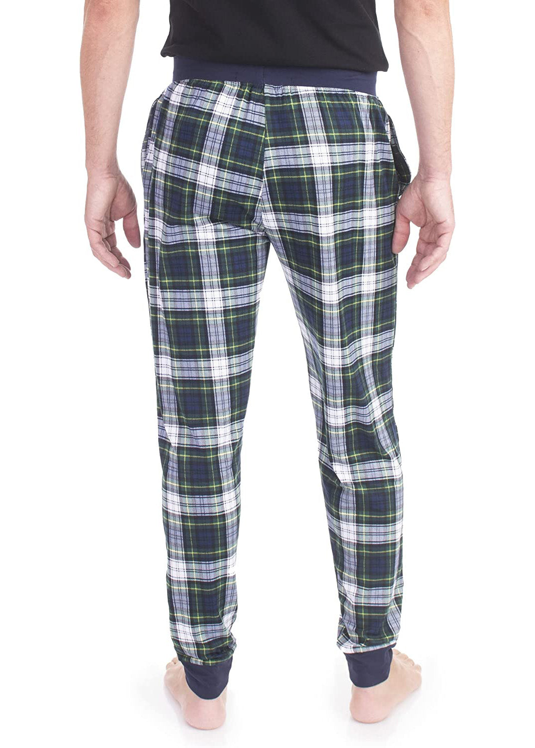 
                  
                    PJ joggers with soft velvety texture, stretch, elastic waistband, drawstring, and stylish ankle cuff. This pattern is a white, yellow and navy plaid. The waist and the cuffs are navy
                  
                