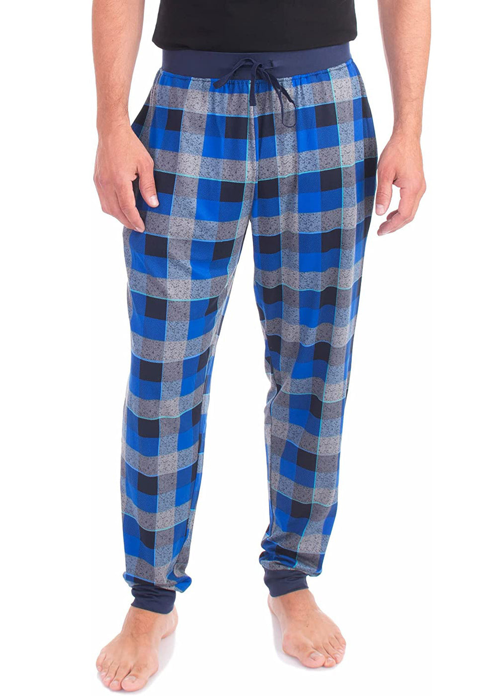 PJ joggers with soft velvety texture, stretch, elastic waistband, drawstring, and stylish ankle cuff. This pattern is a grey, black and cobalt plaid. The waist and the cuffs are navy