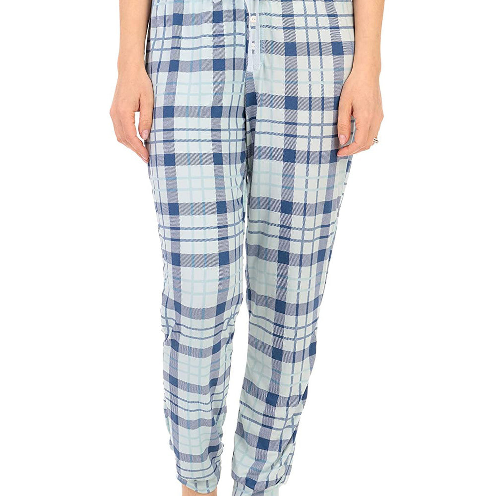 PJ joggers with soft velvety texture, stretch, elastic waistband, drawstring, and stylish ankle cuff. This pattern is a blue, light blue plaid. The waist and the cuffs match the rest of the garment.