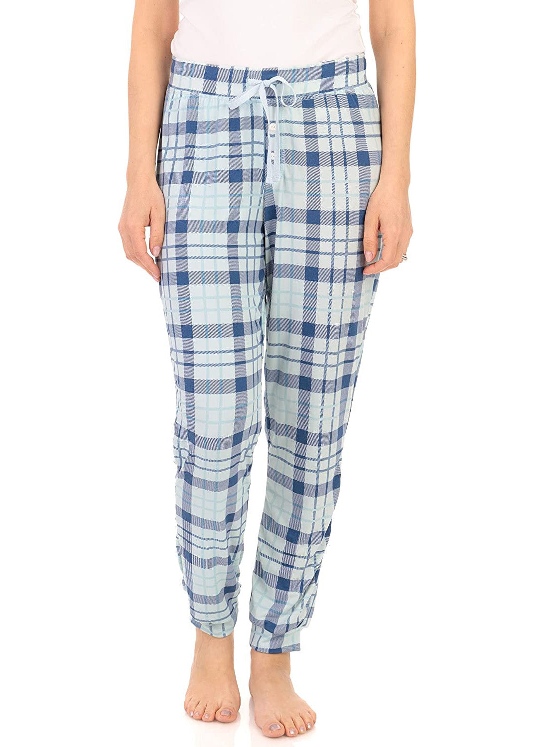 PJ joggers with soft velvety texture, stretch, elastic waistband, drawstring, and stylish ankle cuff. This pattern is a blue, light blue plaid. The waist and the cuffs match the rest of the garment.