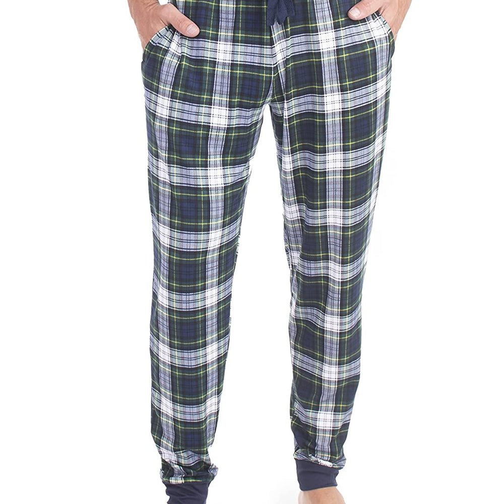 PJ joggers with soft velvety texture, stretch, elastic waistband, drawstring, and stylish ankle cuff. This pattern is a white, yellow and navy plaid. The waist and the cuffs are navy