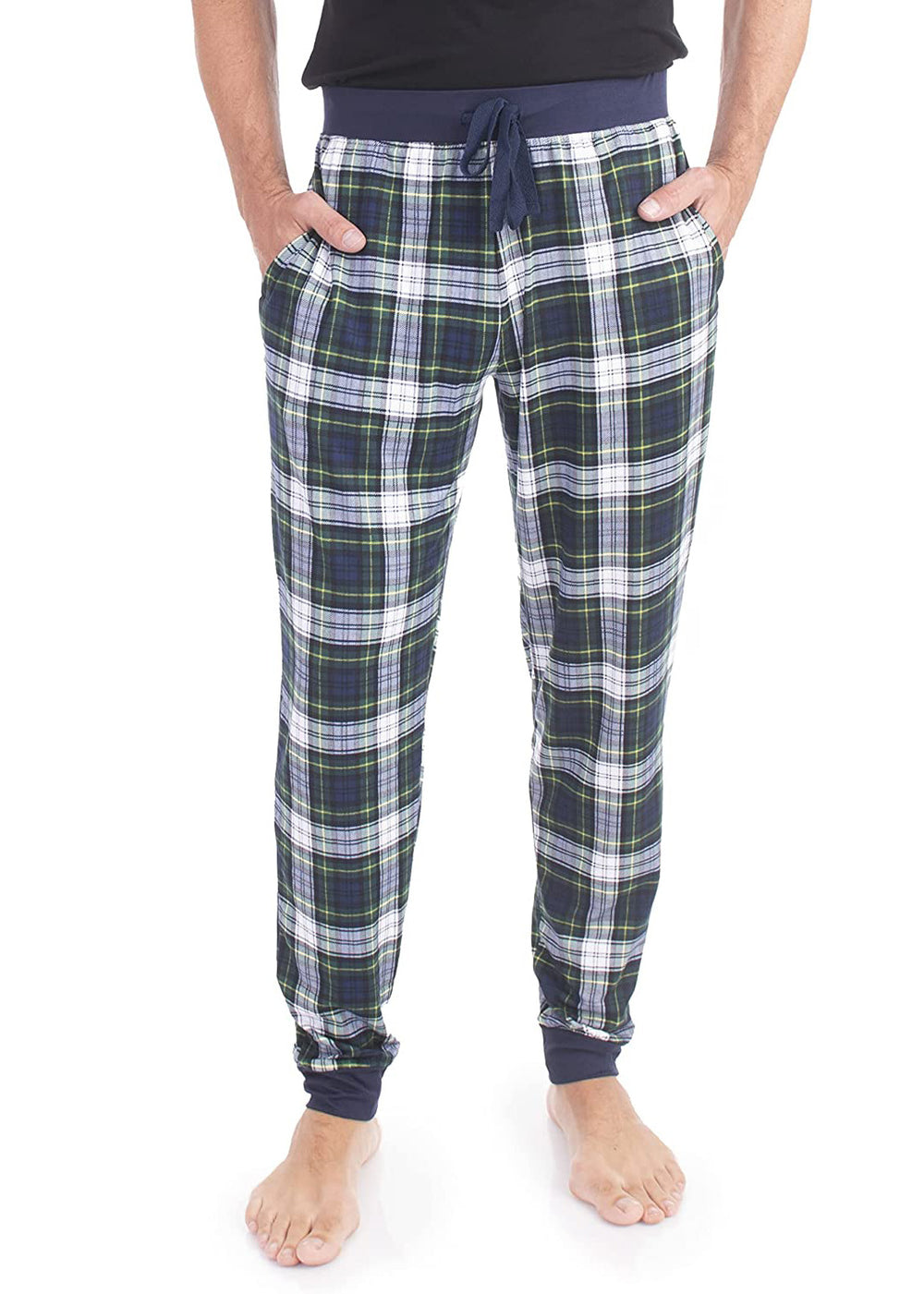 PJ joggers with soft velvety texture, stretch, elastic waistband, drawstring, and stylish ankle cuff. This pattern is a white, yellow and navy plaid. The waist and the cuffs are navy