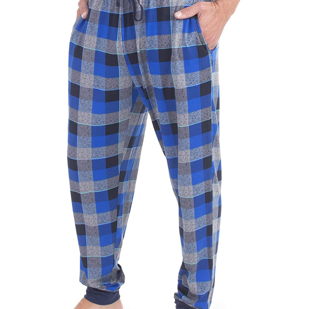 
                  
                    PJ joggers with soft velvety texture, stretch, elastic waistband, drawstring, and stylish ankle cuff. This pattern is a grey, black and cobalt plaid. The waist and the cuffs are navy
                  
                