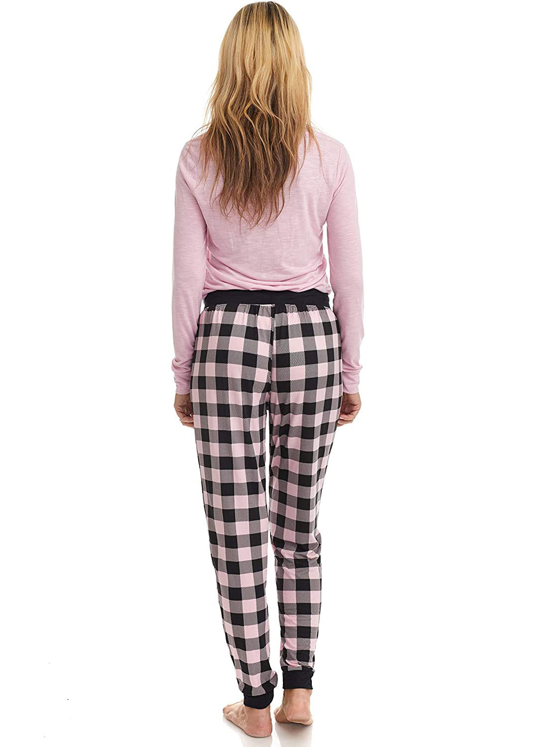 
                  
                    PJ joggers with soft velvety texture, stretch, elastic waistband, drawstring, and stylish ankle cuff. This pattern is a pink and black plaid with a black drawstring
                  
                