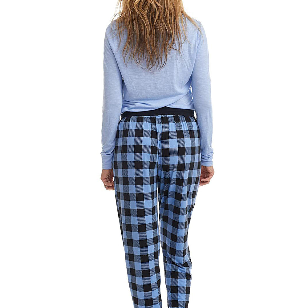
                  
                    PJ joggers with soft velvety texture, stretch, elastic waistband, drawstring, and stylish ankle cuff. This pattern is plaid black and blue.
                  
                
