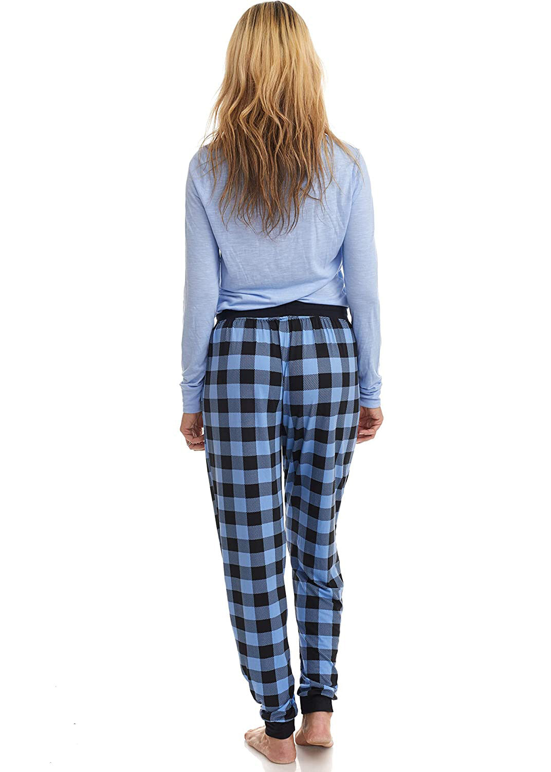 
                  
                    PJ joggers with soft velvety texture, stretch, elastic waistband, drawstring, and stylish ankle cuff. This pattern is plaid black and blue.
                  
                
