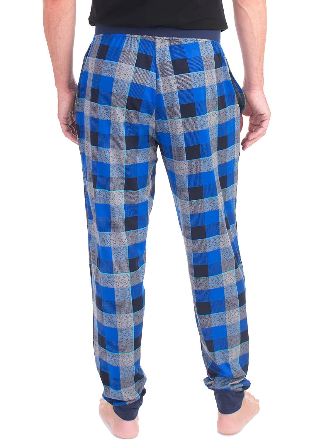 
                  
                    PJ joggers with soft velvety texture, stretch, elastic waistband, drawstring, and stylish ankle cuff. This pattern is a grey, black and cobalt plaid. The waist and the cuffs are navy
                  
                