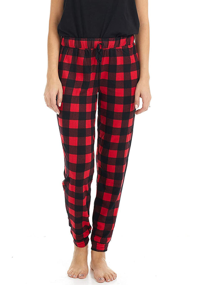 PJ joggers with soft velvety texture, stretch, elastic waistband, drawstring, and stylish ankle cuff. This pattern a red plaid with black lines