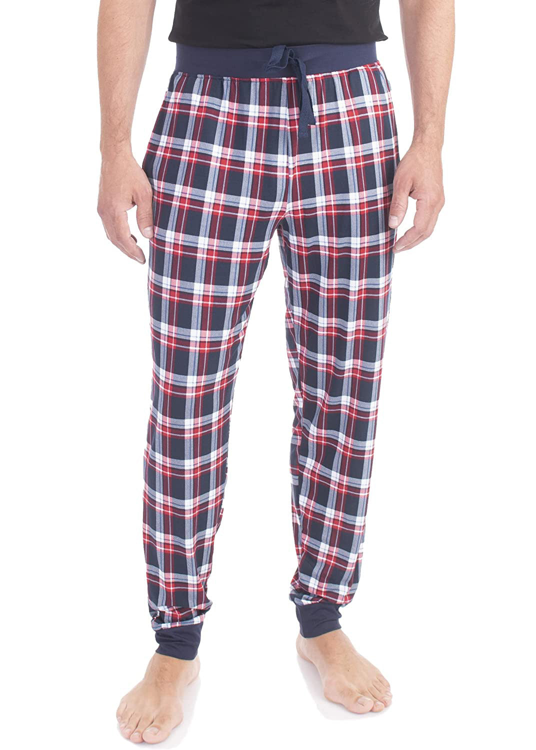 PJ joggers with soft velvety texture, stretch, elastic waistband, drawstring, and stylish ankle cuff. This pattern is a red, navy, white plaid. it has navy waist and drawstring. 