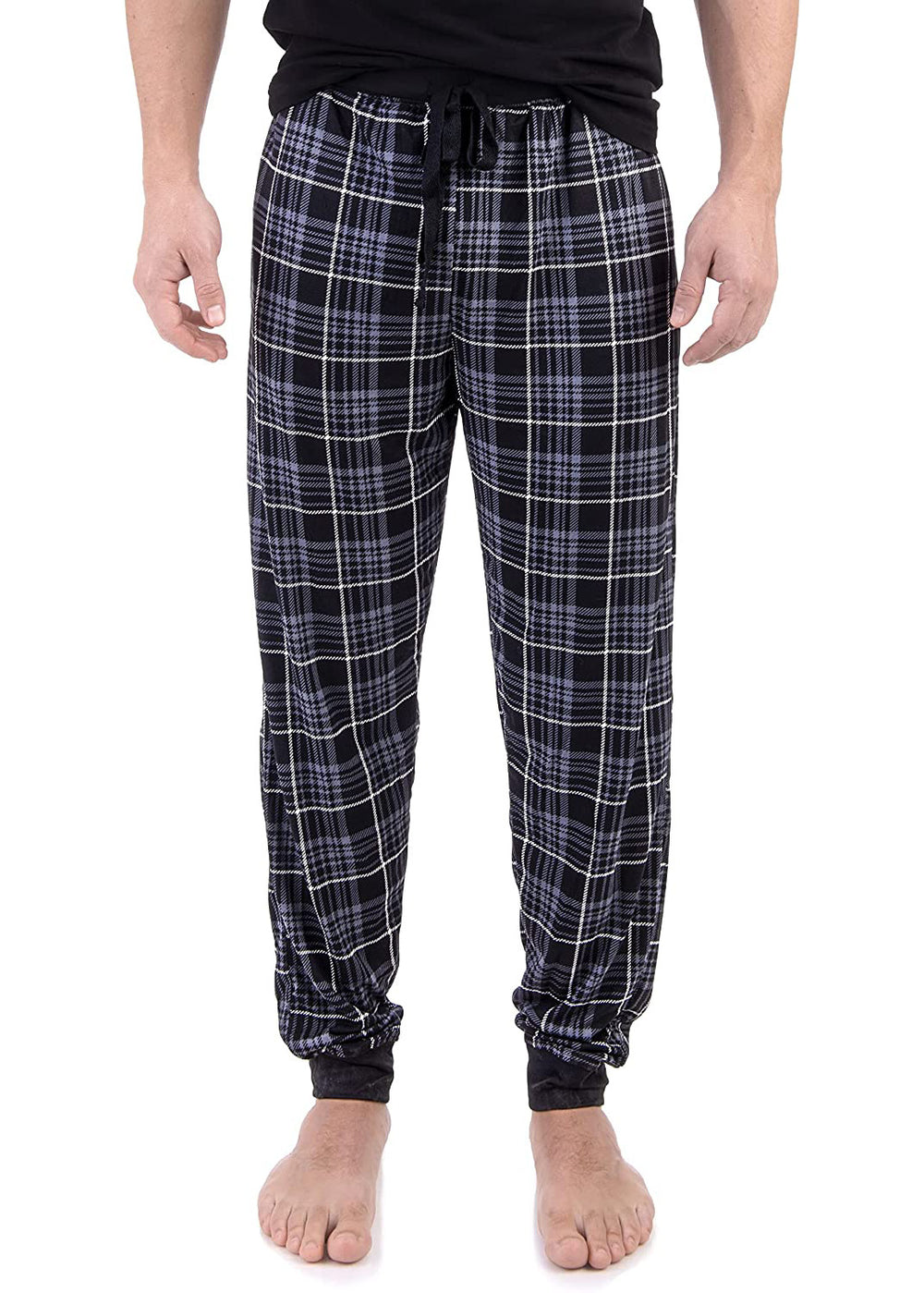 PJ joggers with soft velvety texture, stretch, elastic waistband, drawstring, and stylish ankle cuff. This pattern is a grey, black and white plaid. The waist and the cuffs are black