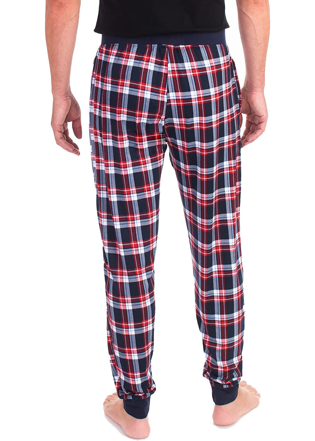 
                  
                    PJ joggers with soft velvety texture, stretch, elastic waistband, drawstring, and stylish ankle cuff. This pattern is a red, navy, white plaid. it has navy waist and drawstring. 
                  
                