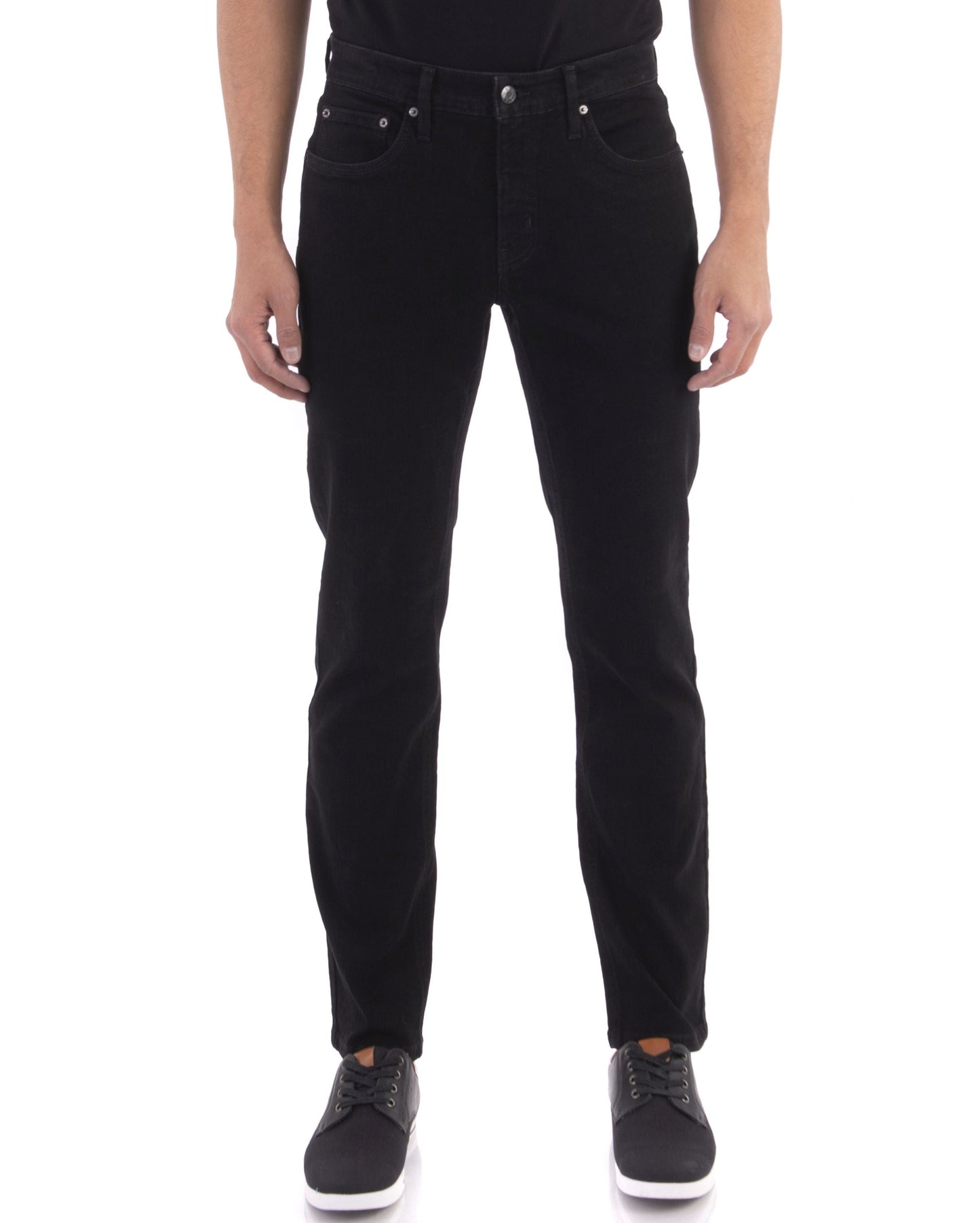 classic black jeans with black stitch, silver button. slim fit